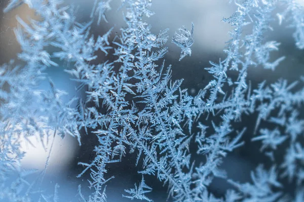 Mrazivý Vzor Průhledném Skle Zimní Pozadí Detailní Záběr — Stock fotografie