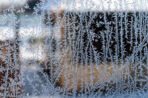 Frosty Patterns Transparent Glass Winter Background — Stock Photo, Image