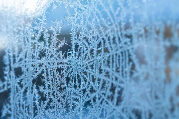 Морозний Веб Візерунок Павутини Прозорому Склі Зимовий Фон — стокове фото