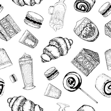 Çizilmiş kahve ve pastanın dikişsiz deseni.