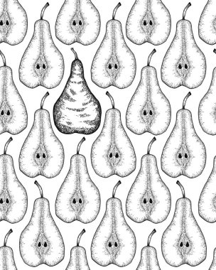 Dilimlenmiş armut ve yapraklarla el çizimi, pürüzsüz desen. İşlenmiş tasarım öğeleri poster, menü ve mutfak tekstili için harikadır.