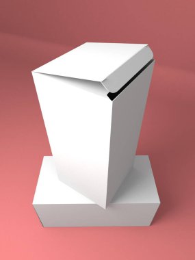 Kağıt beyaz kutu 3D illüstrasyon modeli. Pembe arka planda izole edilmiş ambalaj tasarımı için harika