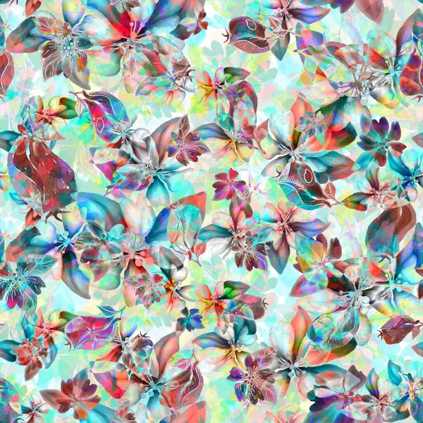 Mooie heldere bloemen grafische naadloze patroon met omgekeerde element en roze, blauw, paars, witte bloesem op wit — Stockfoto