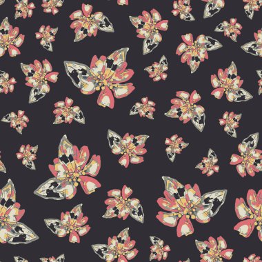 Kusursuz turuncu ve pembe çiçek desenli koyu gri arka planda.