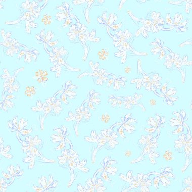 Açık mavi arka planda mavi çiçekler. Çin tarzında botanik desen