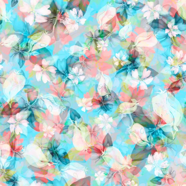 Light seamless floral pattern with graphic blossom. Beautiful pattern wiyh watercolor and sketching flowers. — Stock Photo, Image