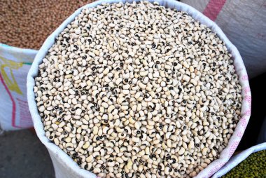 Torbadaki organik fasulyeler. Çuval bezi görünümlü beyaz fasulyeler.