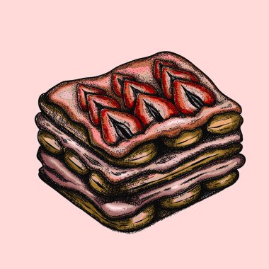 Çilekli çizilmiş vektör tiramisu. Geleneksel İtalyan tatlısı.. 