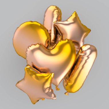 Şampanya renginde farklı şekillerde balonların bileşimi. Kalp, yıldız, çember ve oval şeklinde toplar. Pankartlar ve kartpostallar için harika. Yüksek kalite fotoğraf