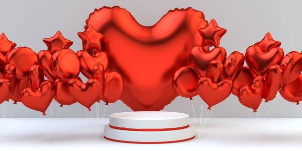 Podium Produktu Kolorowych Czerwonych Balonów Helu Sercu Kształt Gwiazdy Baner — Zdjęcie stockowe