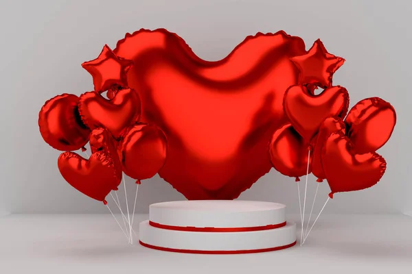 Renkli kırmızı helyum balonlu ürünler için podyum, yıldız şeklinde. Sevgililer günü afişi. 3D illüstrasyon doğum günü, aşk ve romantik kartpostallar için harika. - Evet. Yüksek kalite fotoğraf
