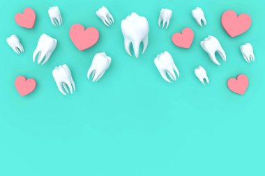 Dişleri ve kalpleri olan sevgililer günü düzlüğü. 3d illüstrasyon