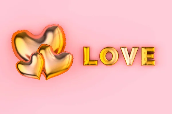 Листи кохання з золотими повітряними кулями у формі серця. 3d ілюстрація плоского букви для дня валентинки — стокове фото