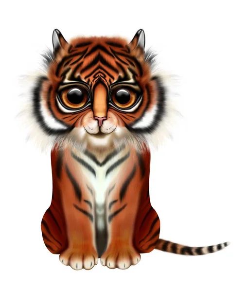 Ilustrasi bayi harimau cantik dengan mata besar.Simbol 2022 terisolasi pada latar belakang putih. Menggambar dengan bulu realistis. — Stok Foto