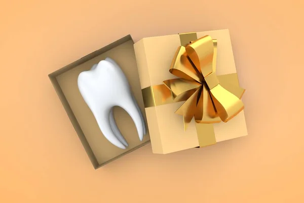 Dente em uma caixa de presente com um arco de ouro. ilustração 3d médica — Fotografia de Stock