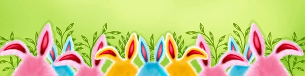 Feliz Banner de Pascua con huevos y orejas. Lindo conejo de piel en forma de huevo. huevos de ilustración 3d sobre fondo verde —  Fotos de Stock