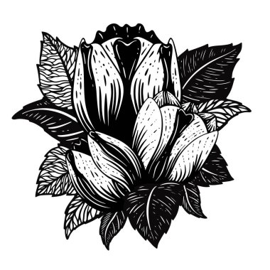 Çiçek aranjmanı ve laleler. Çiçek tomurcuklarının dövme illüstrasyonu