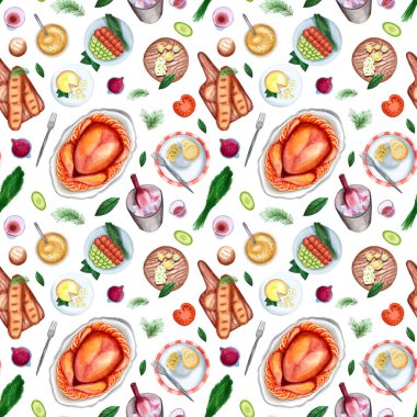 Romantik yemek tabaklarıyla suluboya desenli. Şarap, fırında tavuk, peynir tabağı, krema çorbası, sebze ve otlar. Menü, yemek paketi ve kumaş kalıbı