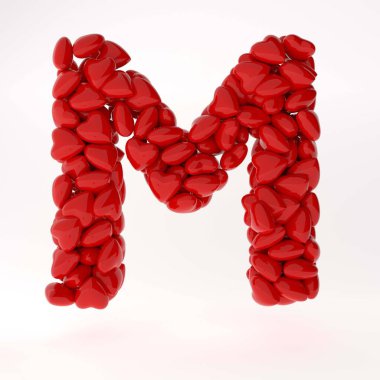 Sevgililer Günü Rusça 3D yazı tipi. İçinde kalpler olan mektuplar. 3D illüstrasyon tipi aşk konsepti. Beyaz arkaplanda izole