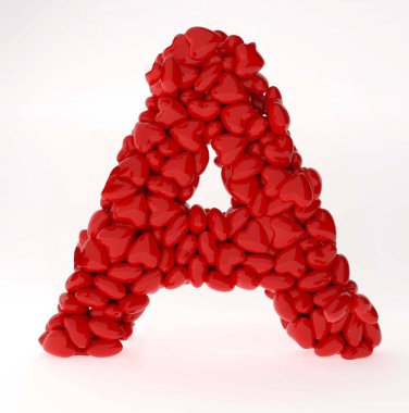 Sevgililer Günü Rusça 3D yazı tipi. İçinde kalpler olan mektuplar. 3D illüstrasyon tipi aşk konsepti. Beyaz arkaplanda izole