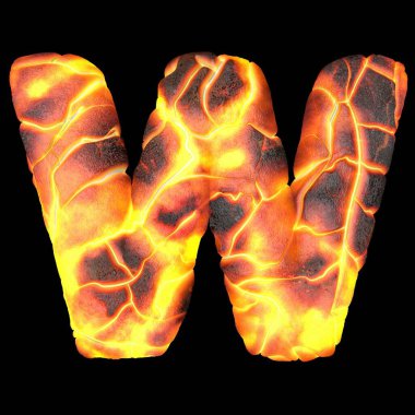 Volkanik 3D harfler. Siyah üzerine izole edilmiş İngiliz lav yazı tipi.