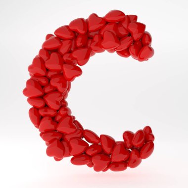 Sevgililer Günü Rusça 3D yazı tipi. İçinde kalpler olan mektuplar. 3D illüstrasyon tipi aşk konsepti. Beyaz arkaplanda izole