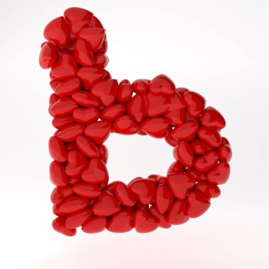 Sevgililer Günü Rusça 3D yazı tipi. İçinde kalpler olan mektuplar. 3D illüstrasyon tipi aşk konsepti. Beyaz arkaplanda izole