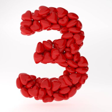 Sevgililer Günü Rusça 3D yazı tipi. İçinde kalpler olan mektuplar. 3D illüstrasyon tipi aşk konsepti. Beyaz arkaplanda izole