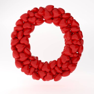 Sevgililer Günü Rusça 3D yazı tipi. İçinde kalpler olan mektuplar. 3D illüstrasyon tipi aşk konsepti. Beyaz arkaplanda izole