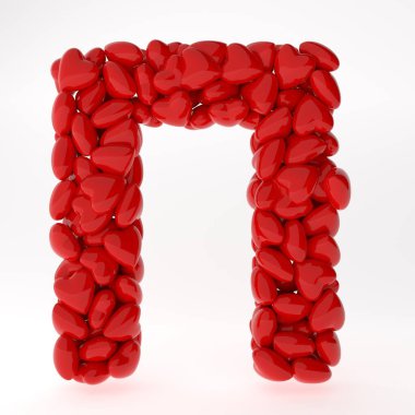 Sevgililer Günü Rusça 3D yazı tipi. İçinde kalpler olan mektuplar. 3D illüstrasyon tipi aşk konsepti. Beyaz arkaplanda izole