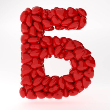 Sevgililer Günü Rusça 3D yazı tipi. İçinde kalpler olan mektuplar. 3D illüstrasyon tipi aşk konsepti. Beyaz arkaplanda izole