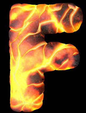 Volkanik 3D harfler. Siyah üzerine izole edilmiş İngiliz lav yazı tipi.