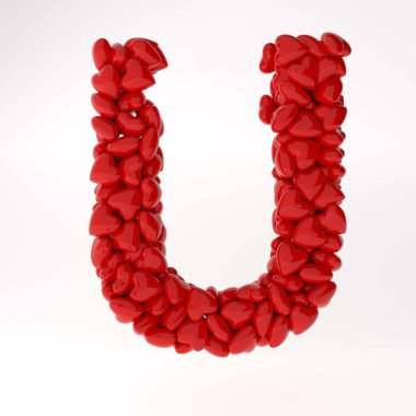 Kırmızı 3d İngilizce U harfi kırmızı kalplerden yapılmıştır. Sevgililer Günü için İngilizce alfabe 3d hazırlama.