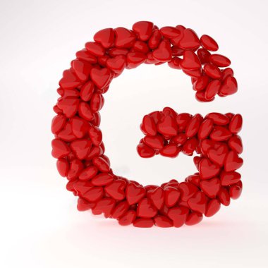 Kırmızı kalplerden yapılmış 3 boyutlu İngilizce harf. Sevgililer Günü için İngilizce alfabe 3d hazırlama.