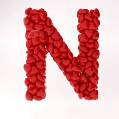 Kırmızı 3d İngilizce N harfi kırmızı kalplerden yapılmıştır. Sevgililer Günü için İngilizce alfabe 3d hazırlama.