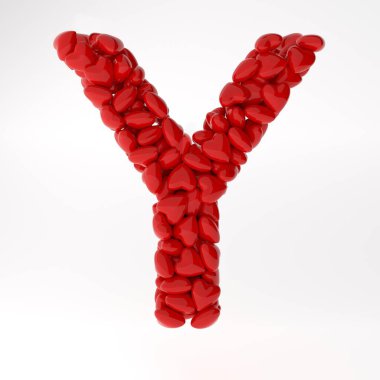 Kırmızı 3d İngiliz harfi Y kırmızı kalplerden yapılmıştır. Sevgililer Günü için İngilizce alfabe 3d hazırlama.