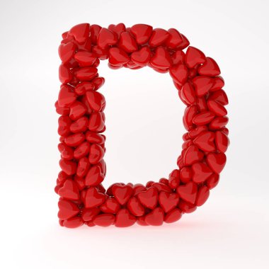 Kırmızı 3d ingilizce D harfi kırmızı kalplerden yapılmış. Sevgililer Günü için İngilizce alfabe 3d hazırlama.