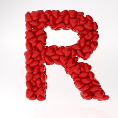 Kırmızı kalplerden yapılmış 3 boyutlu İngilizce harf. Sevgililer Günü için İngilizce alfabe 3d hazırlama.