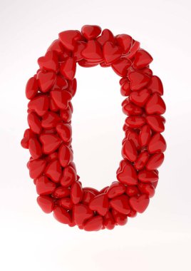 Kırmızı kalplerden yapılmış kırmızı 3D numara 0. Sevgililer Günü için 3D numaralar hazırlanıyor.