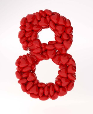 Kırmızı kalplerden yapılmış 8 numaralı kırmızı 3D. Sevgililer Günü için 3D numaralar hazırlanıyor.