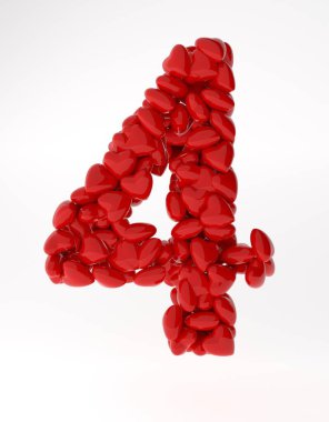 Kırmızı kalplerden yapılmış 4 numaralı kırmızı 3D. Sevgililer Günü için 3D numaralar hazırlanıyor.