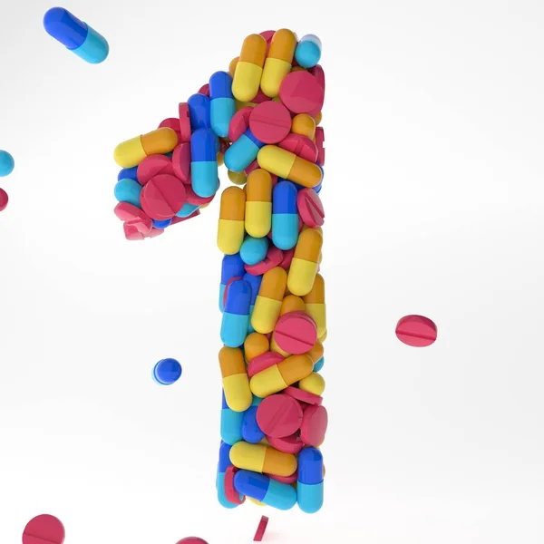 Numeral en tillverkad av olika färgglada piller och tabletter. 3D illustration mediciner teckensnitt. isolerad på vit bakgrund — Stockfoto
