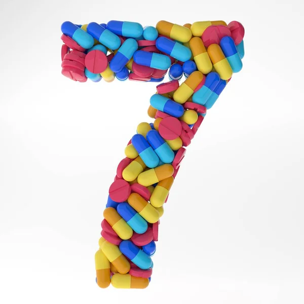 Nombreux sept fait de diverses pilules et comprimés colorés. Fonte 3d illustration medicals. isolé sur fond blanc — Photo