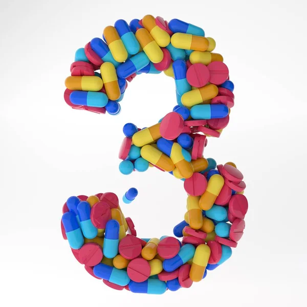 Nummer drei besteht aus verschiedenen bunten Pillen und Tabletten. 3D-Illustration Arzneimittel Schrift. isoliert auf weißem Hintergrund — Stockfoto