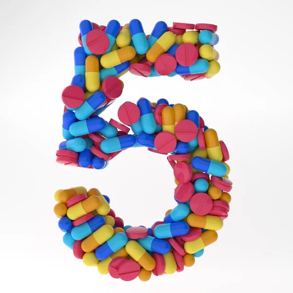 Numeral fem tillverkade av olika färgglada piller och tabletter. 3D illustration mediciner teckensnitt. isolerad på vit bakgrund — Stockfoto