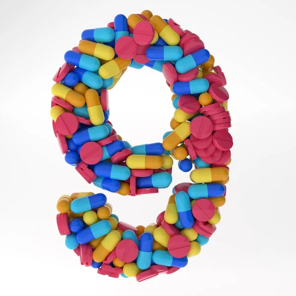 Номер девять из различных красочных таблеток и таблеток. 3d иллюстрации медикаменты шрифт. изолированные на белом фоне — стоковое фото