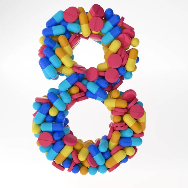 Numeral oito feito de várias pílulas coloridas e comprimidos. 3d ilustração medicals fonte. isolado em fundo branco — Fotografia de Stock