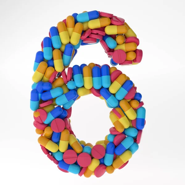 Numeral seis feitos de várias pílulas coloridas e comprimidos. 3d ilustração medicals fonte. isolado em fundo branco — Fotografia de Stock