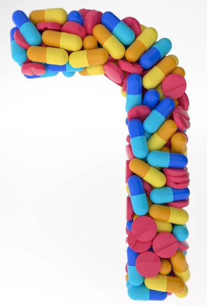 Письмо Kaf Soffit изготовлено из различных красочных таблеток и таблеток. 3d иллюстрации медикаменты шрифт. изолированные на белом фоне — стоковое фото