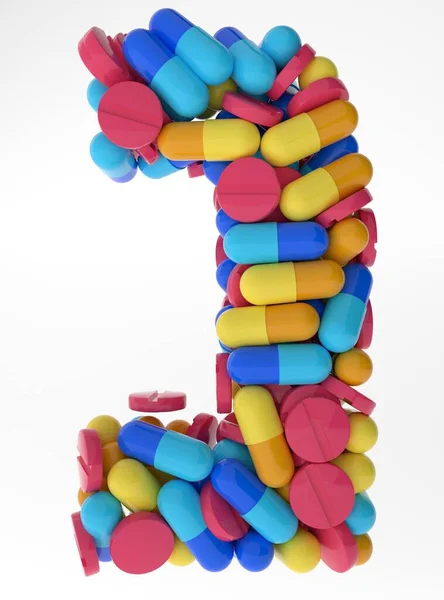 Carta Nun feita de várias pílulas coloridas e comprimidos. 3d ilustração medicals fonte. isolado em fundo branco — Fotografia de Stock